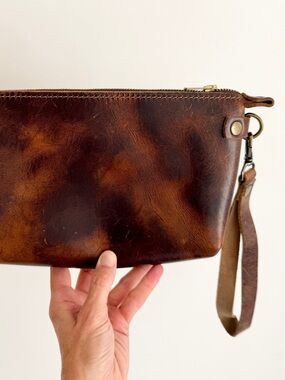 Handmade Leather Wristlet Clutch Bag - Brown